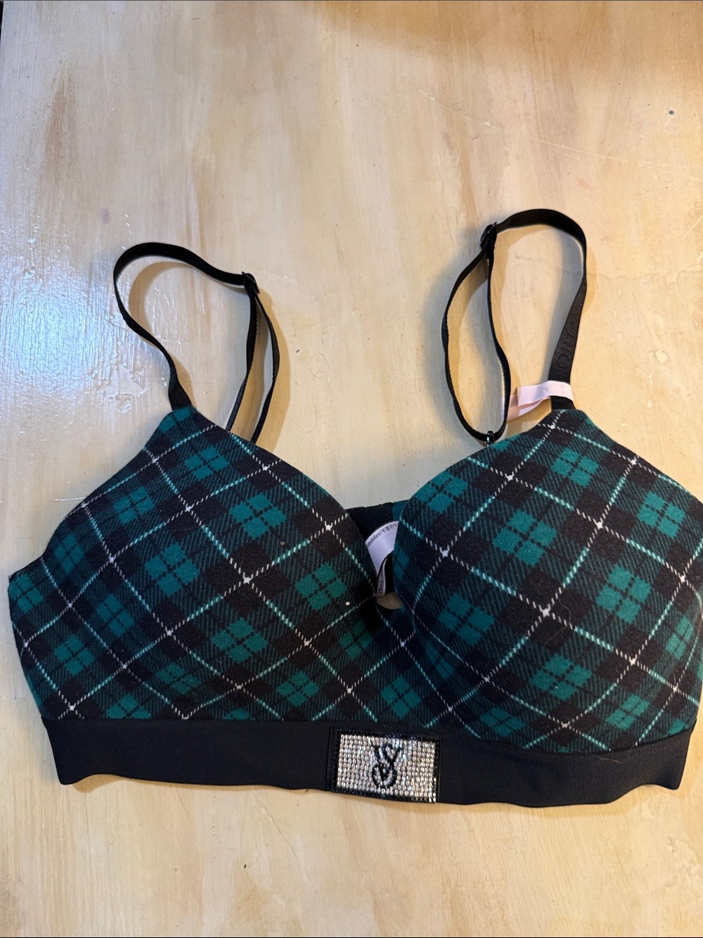 Victoria's Secret Teal & Black Plaid Wireless Bra with Rhinestone Logo Patch